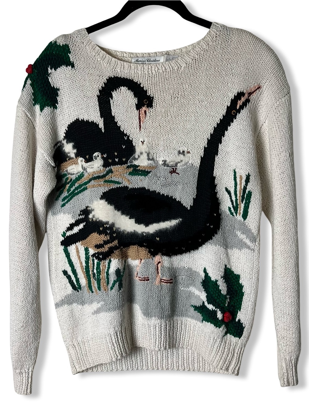 Marisa Christina Classics Hand Knit Black Swan Holly Christmas Sweater Vintage